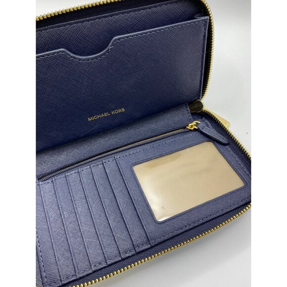Michael Kors Navy Leather Wristlet Wallet With Gold Stud Detailing & Zipper Clos - Picture 11 of 13